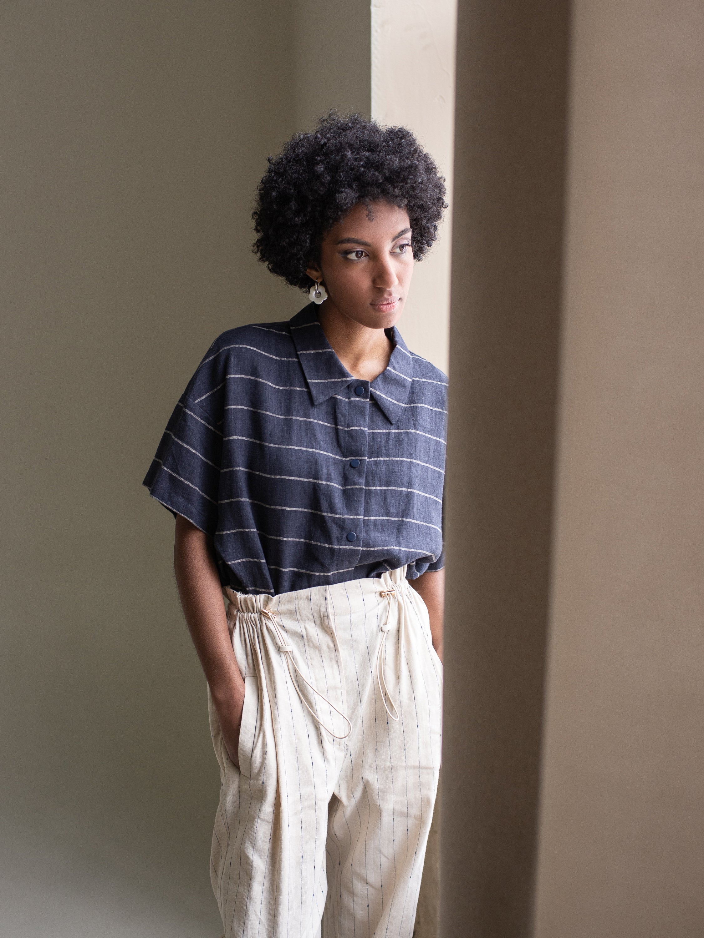 Short Sleeve Olivia Shirt in Striped Linen