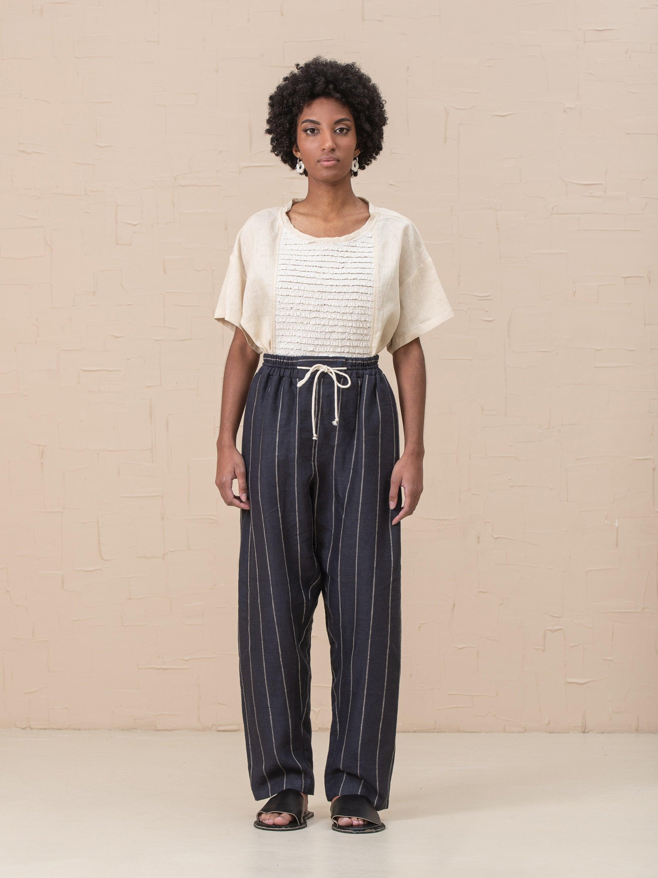 Linna Straight Pull-On Striped Linen Pants - HankaKohana-store