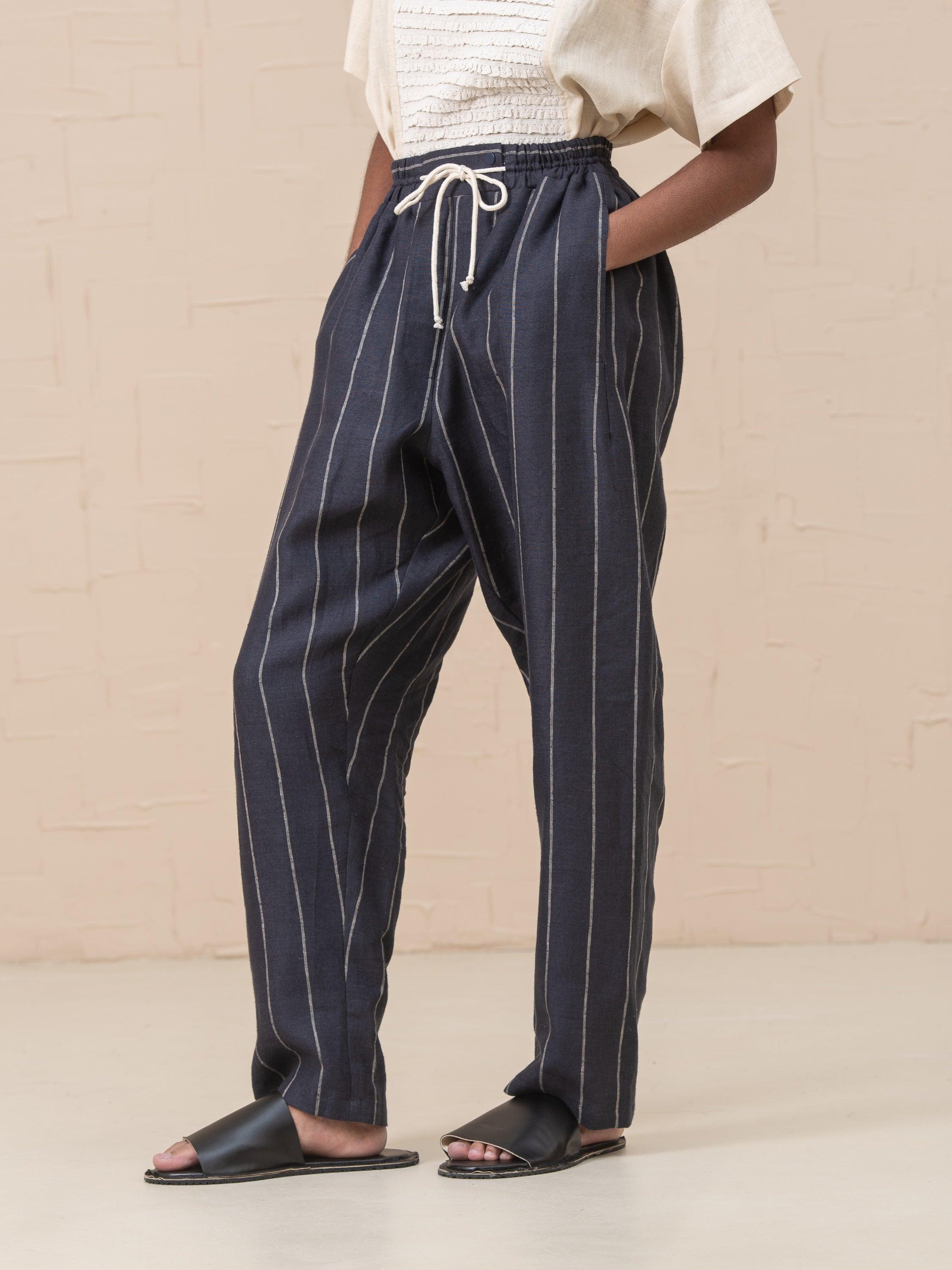 Linna Straight Pull-On Striped Linen Pants - HankaKohana-store