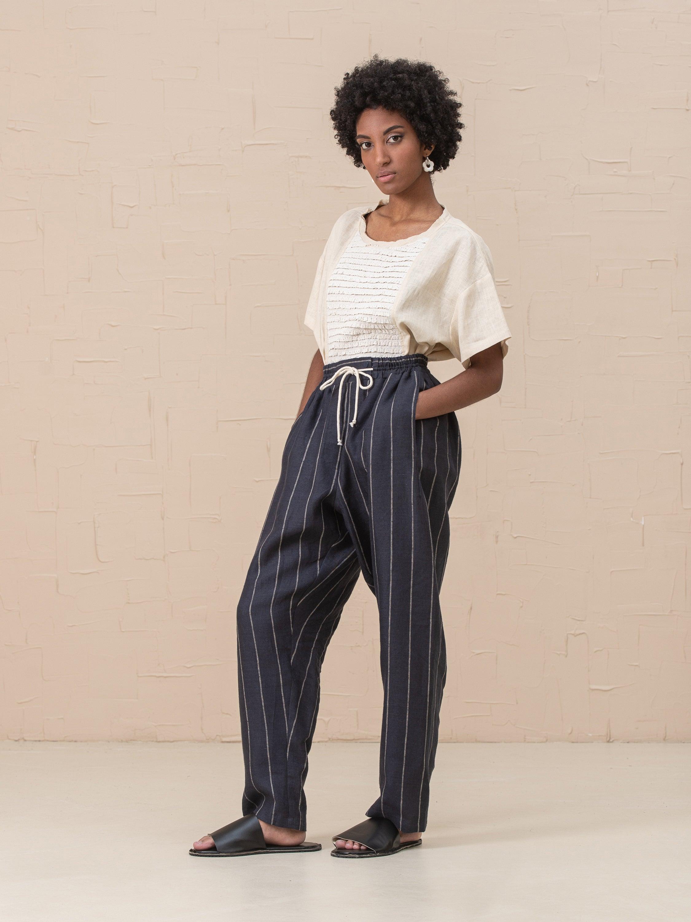 Linna Straight Pull-On Striped Linen Pants - HankaKohana-store