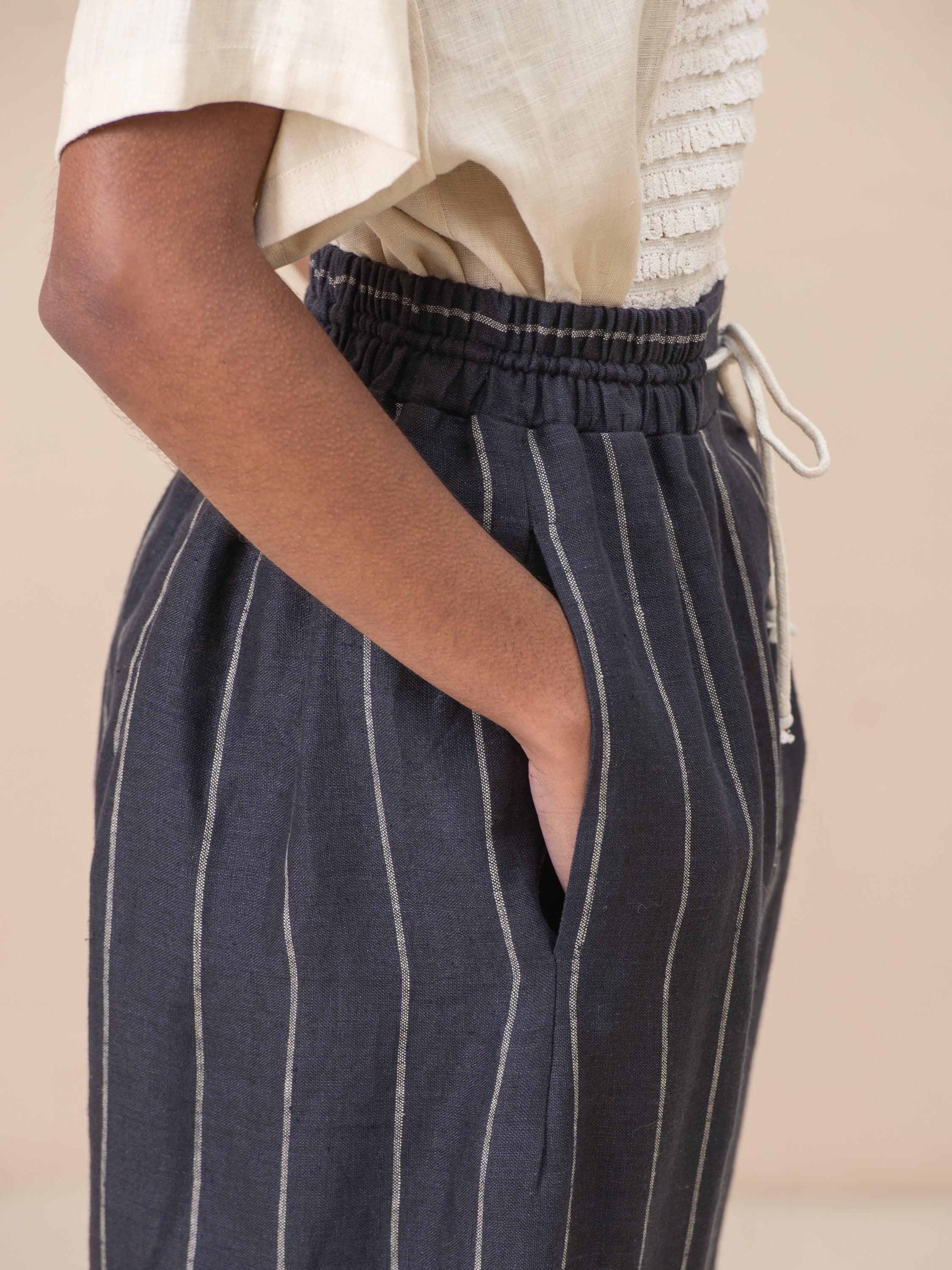 Linna Straight Pull-On Striped Linen Pants - HankaKohana-store