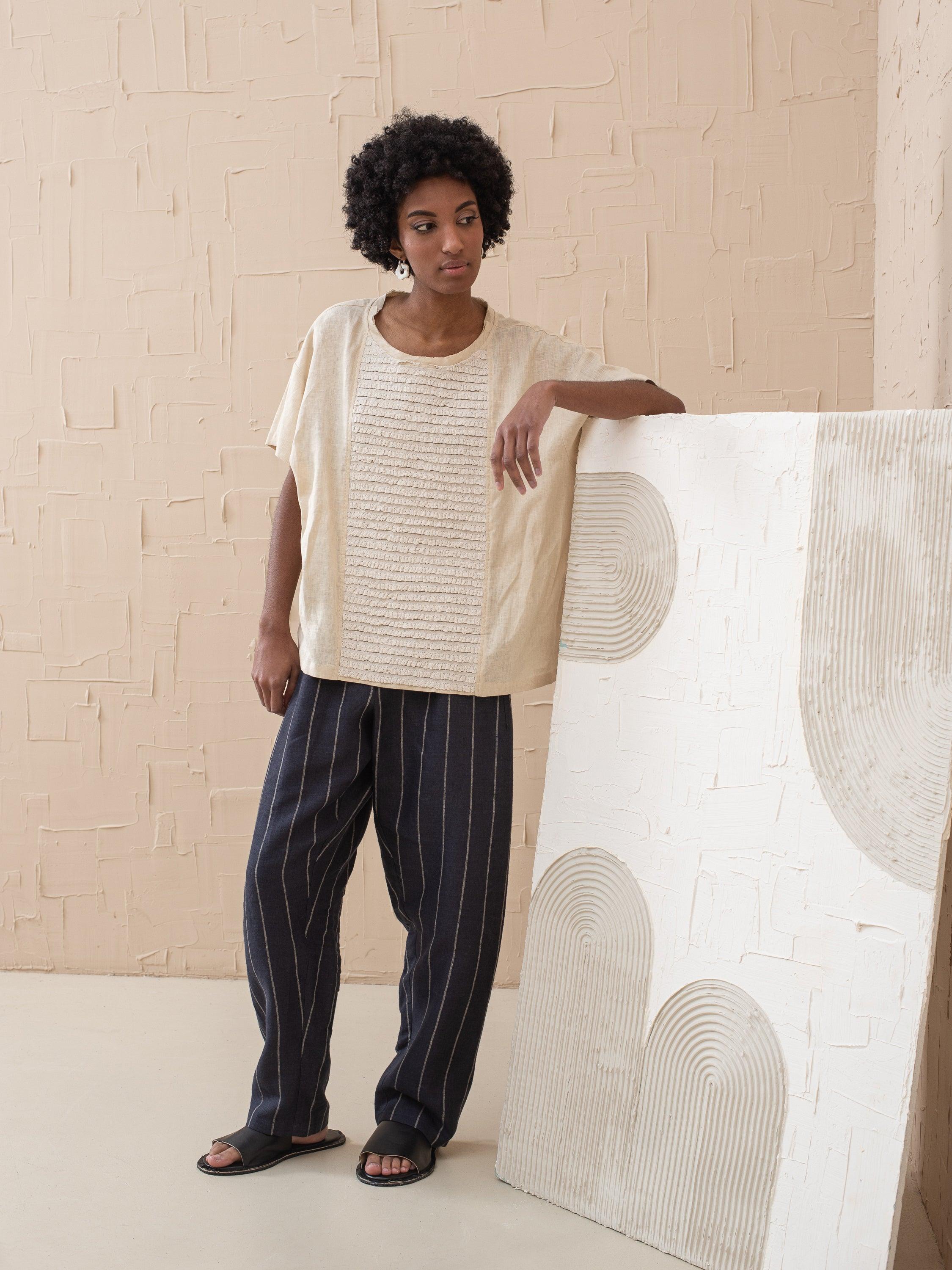 Linna Straight Pull-On Striped Linen Pants - HankaKohana-store