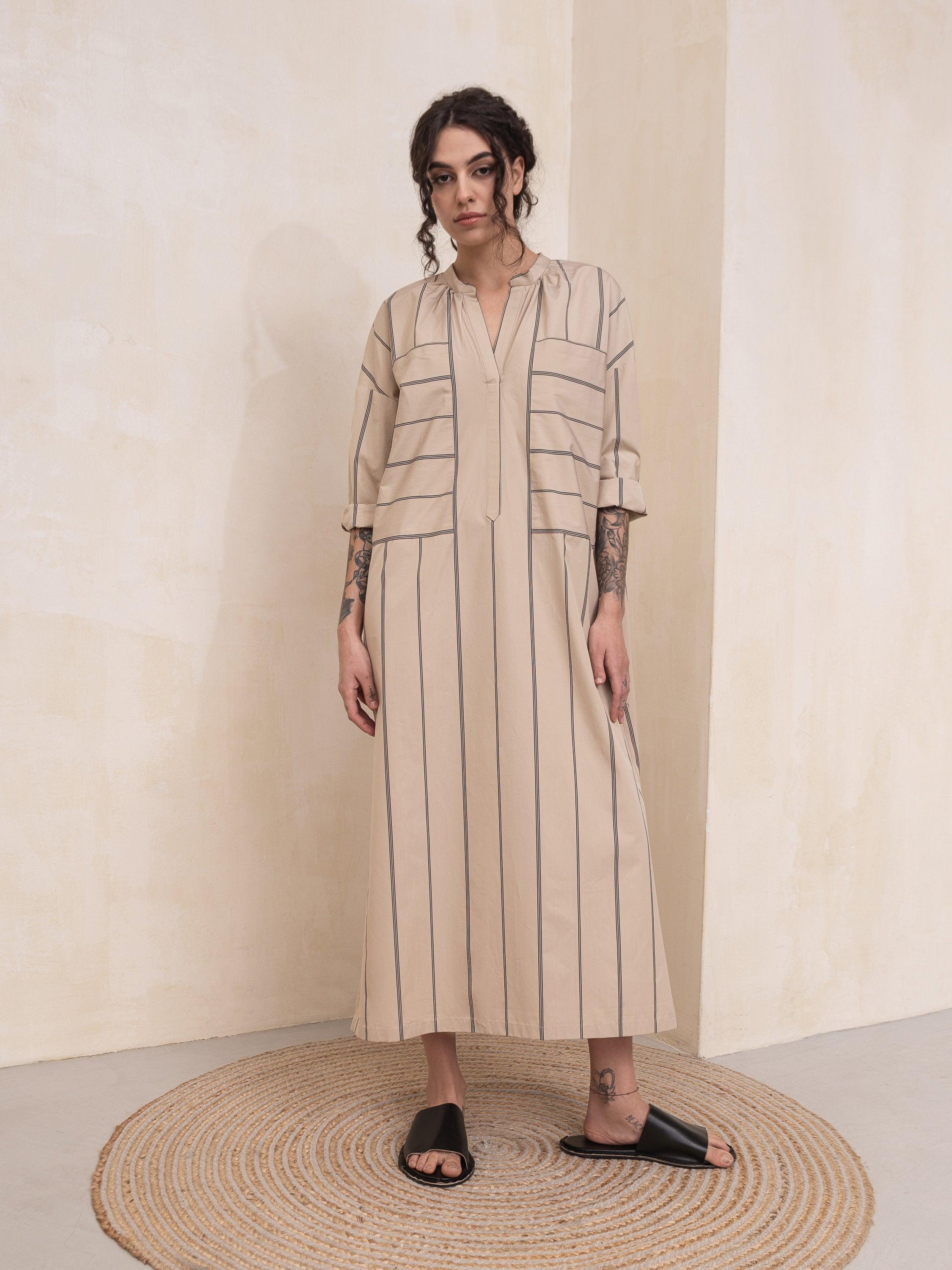 Marie Beige Cotton Two Pockets Dress - HankaKohana-store