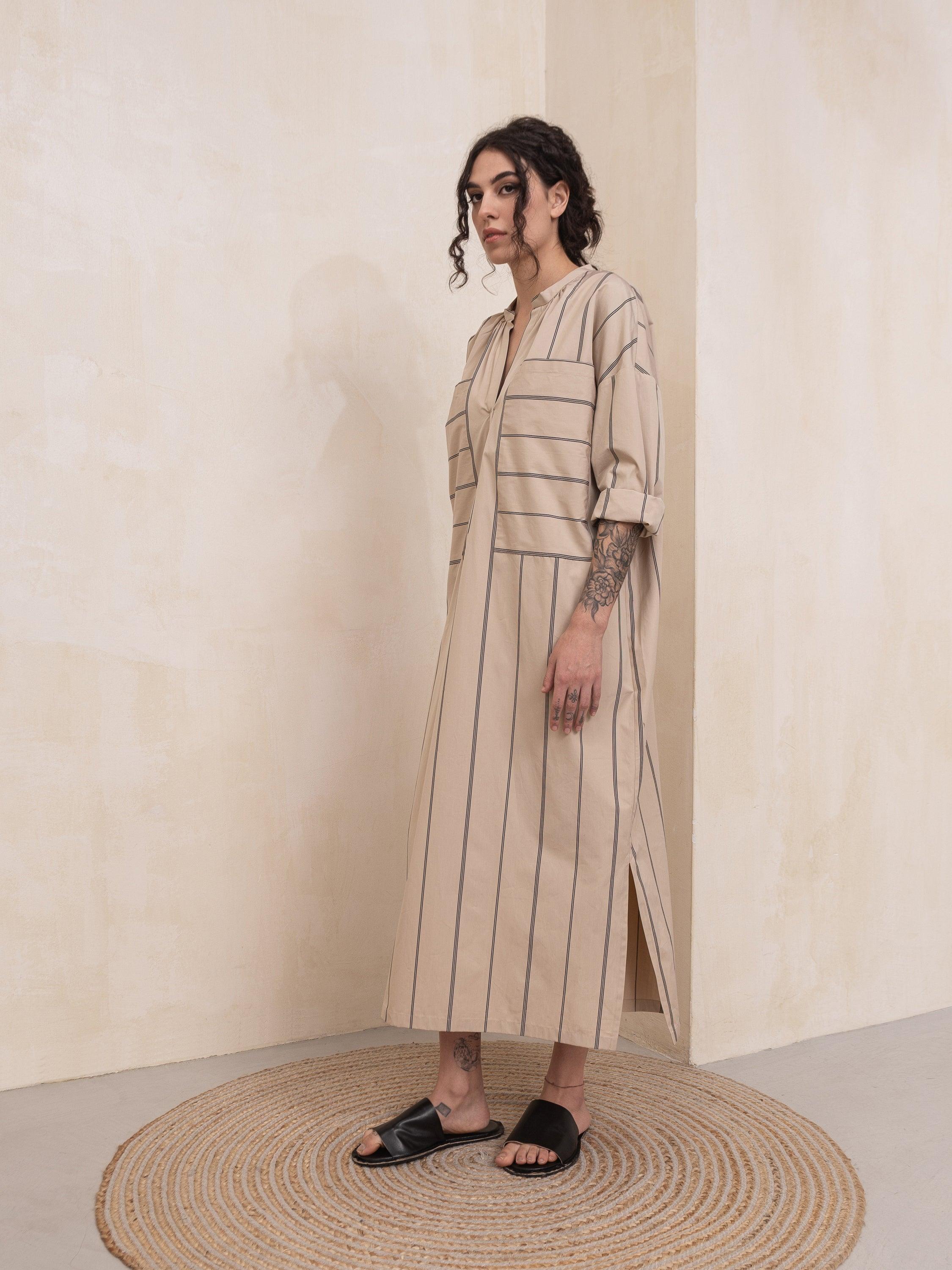 Marie Beige Cotton Two Pockets Dress - HankaKohana-store