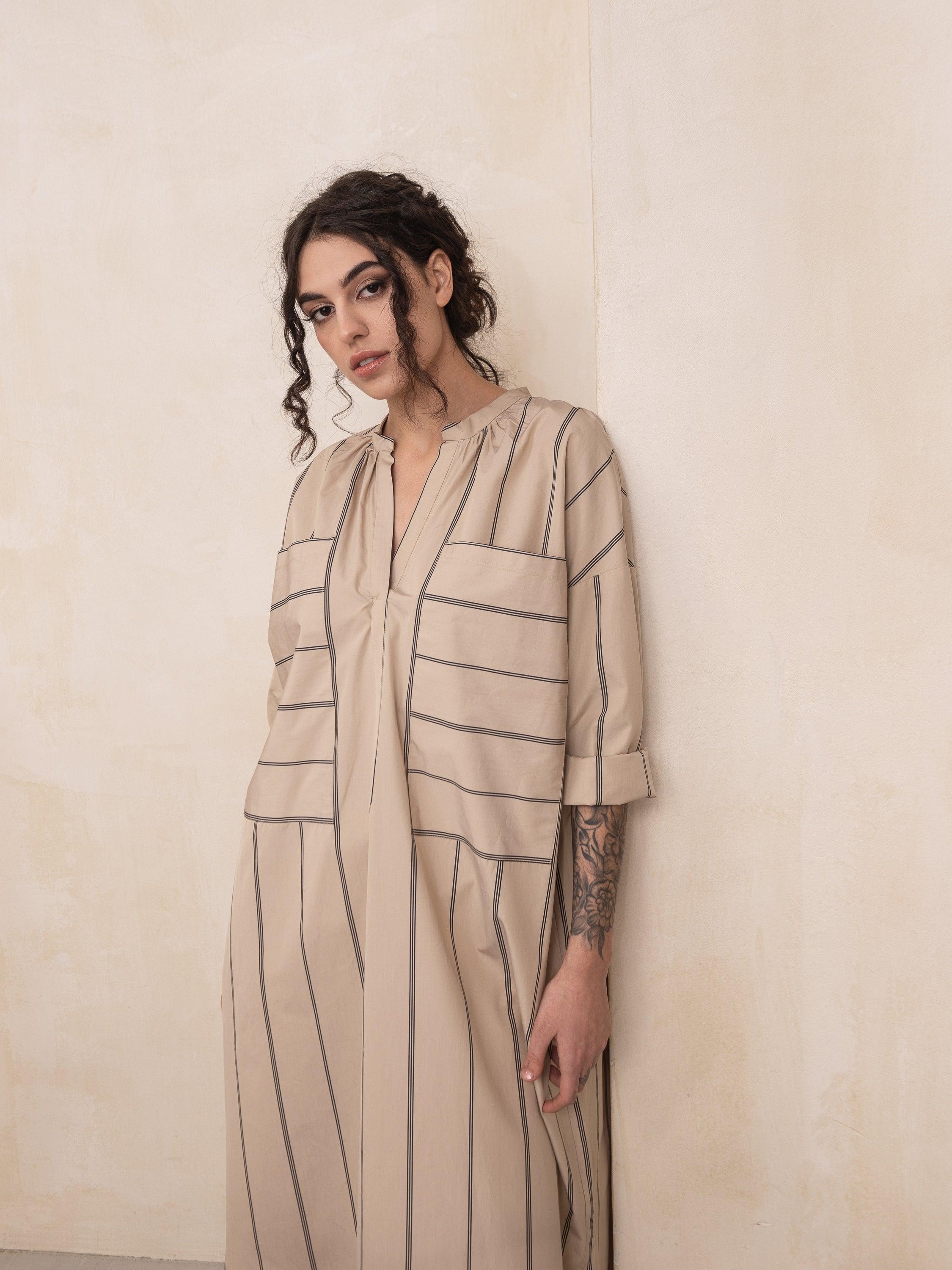 Marie Beige Cotton Two Pockets Dress - HankaKohana-store