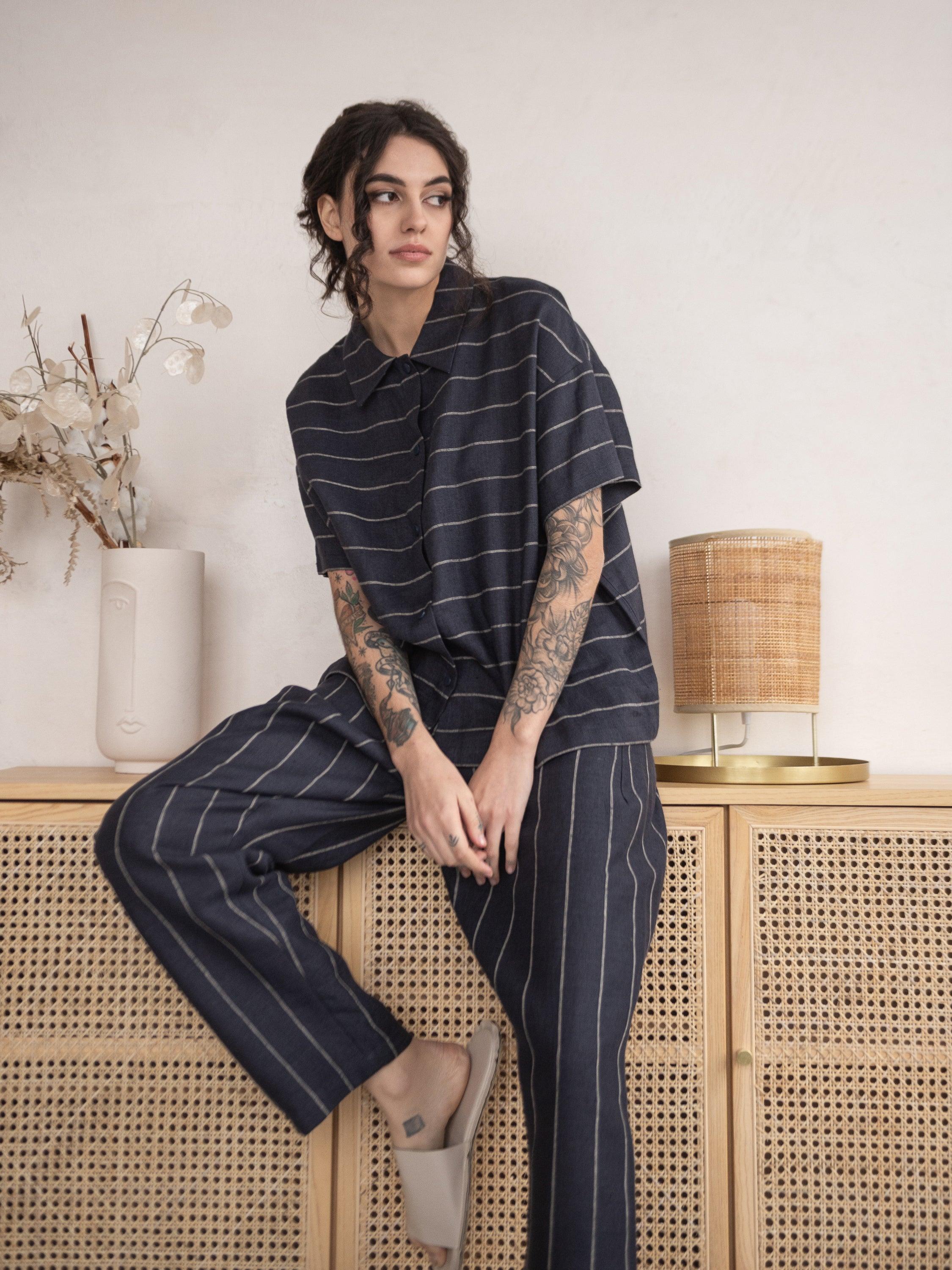 Linna Straight Pull-On Striped Linen Pants - HankaKohana-store