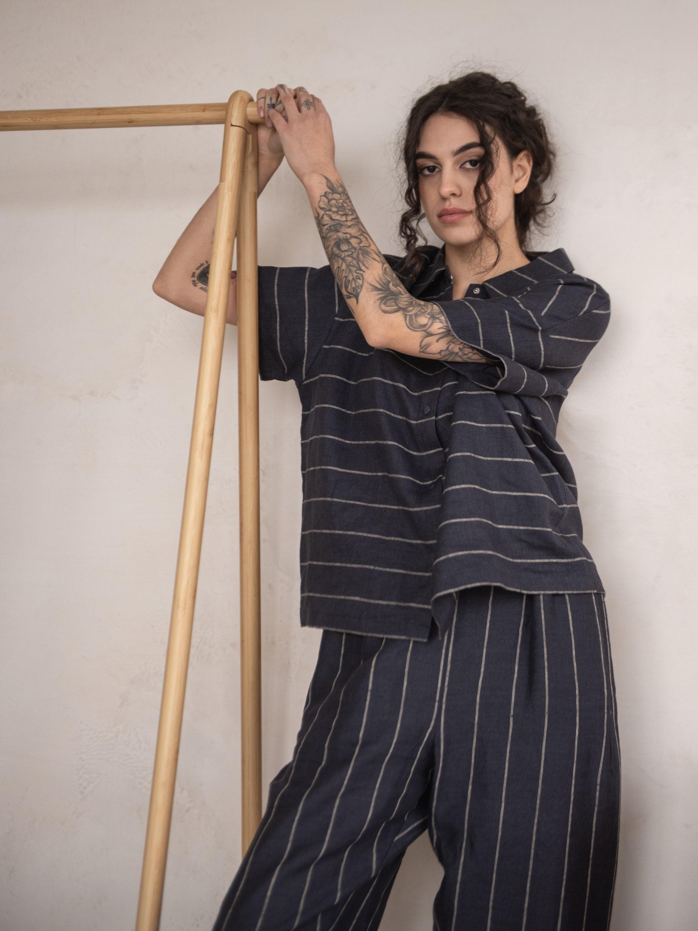 Linna Straight Pull-On Striped Linen Pants - HankaKohana-store